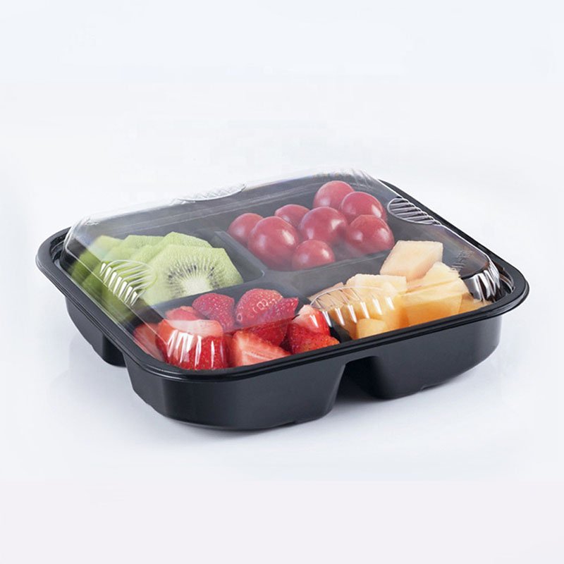 4 Compartment Square Modern Design Plastic Disposable Food Fruit Salad Container with Lid PC & PS Load 5kg