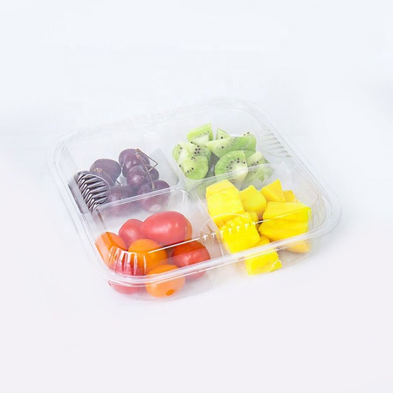 4 Compartment Square Modern Design Plastic Disposable Food Fruit Salad Container with Lid PC & PS Load 5kg