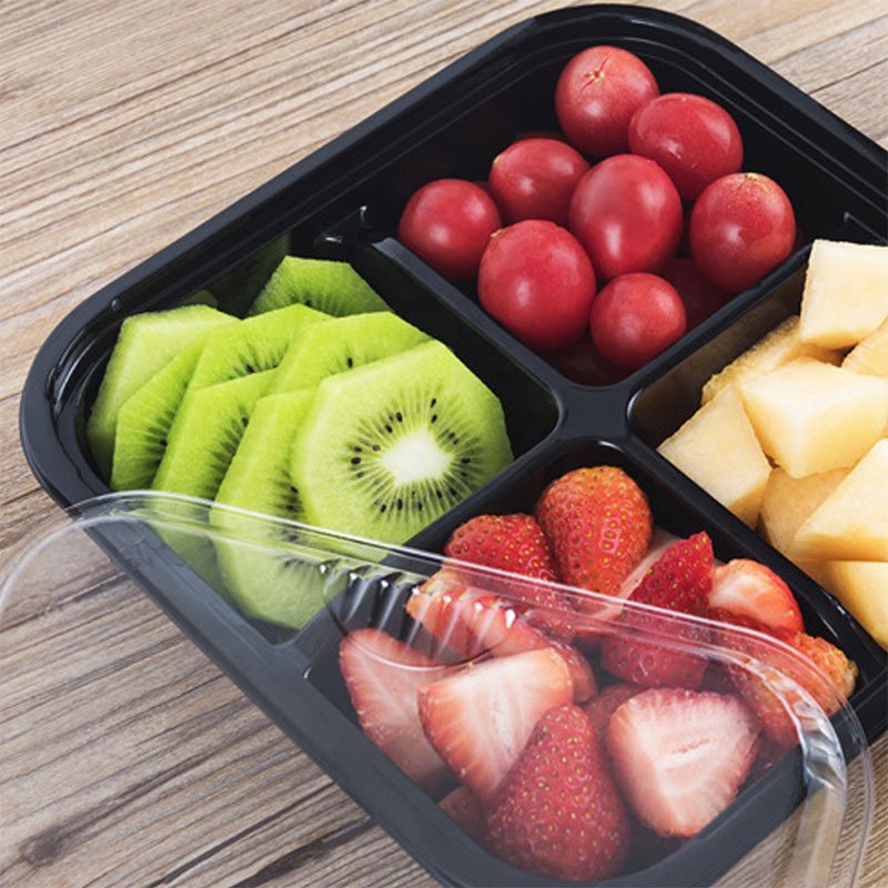 4 Compartment Square Modern Design Plastic Disposable Food Fruit Salad Container with Lid PC & PS Load 5kg