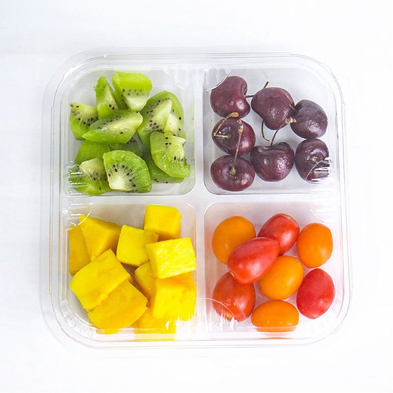 4 Compartment Square Modern Design Plastic Disposable Food Fruit Salad Container with Lid PC & PS Load 5kg