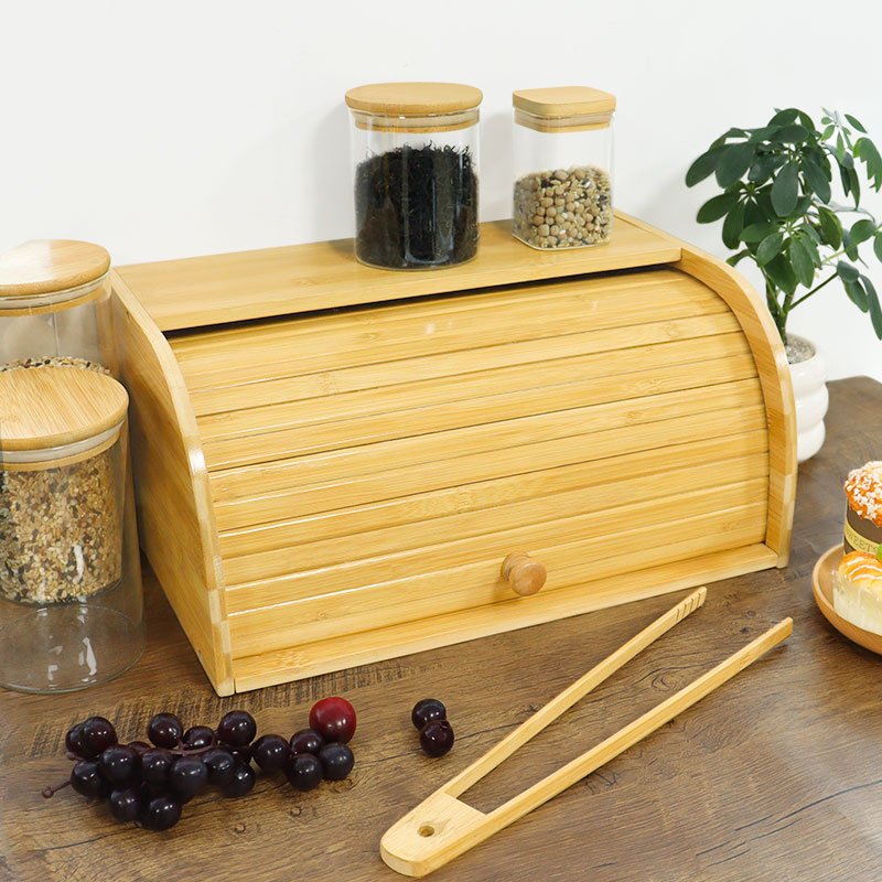 Food container kitchen storage box wood roll top corner farmhouse style bamboo wooden vintage bread box bin with bamboo lid
