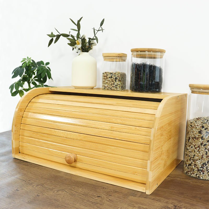 Food container kitchen storage box wood roll top corner farmhouse style bamboo wooden vintage bread box bin with bamboo lid