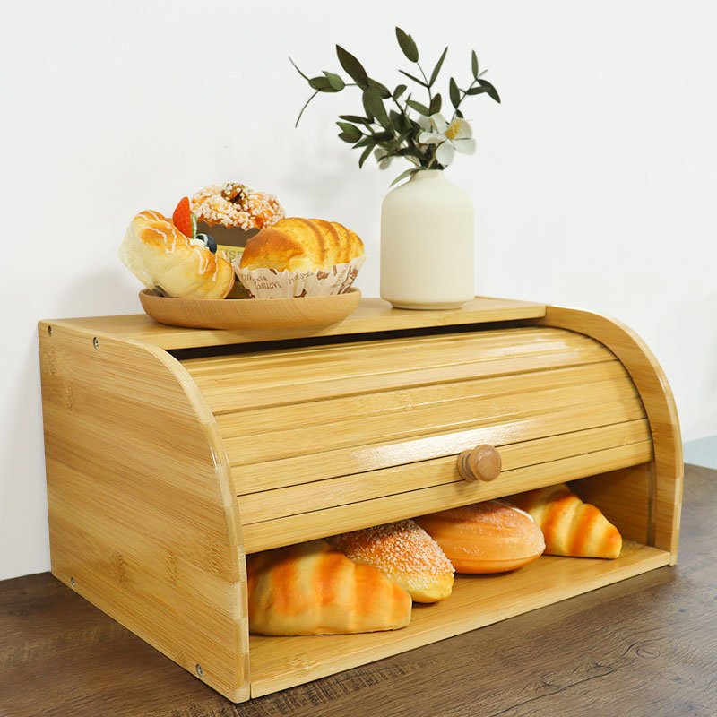 Food container kitchen storage box wood roll top corner farmhouse style bamboo wooden vintage bread box bin with bamboo lid