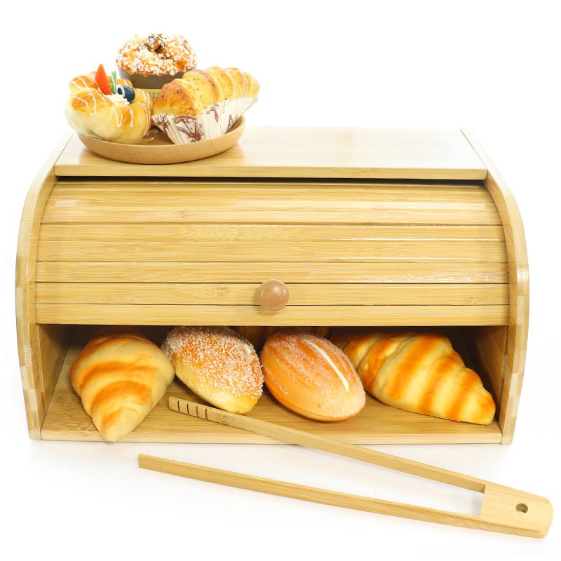 Food container kitchen storage box wood roll top corner farmhouse style bamboo wooden vintage bread box bin with bamboo lid