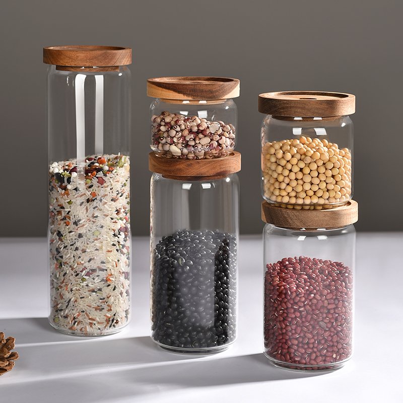 Best selling in Europe and America Food Storage Container with Airtight Wooden Lid Set of 5 Pcs Clear Glass Canister Food Jar