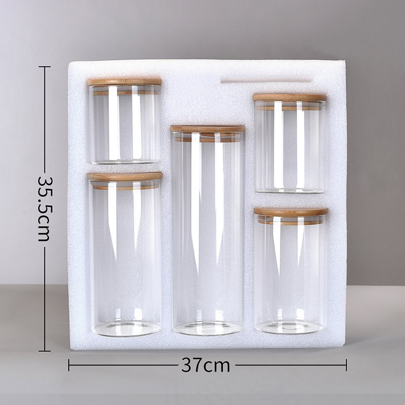 Best selling in Europe and America Food Storage Container with Airtight Wooden Lid Set of 5 Pcs Clear Glass Canister Food Jar