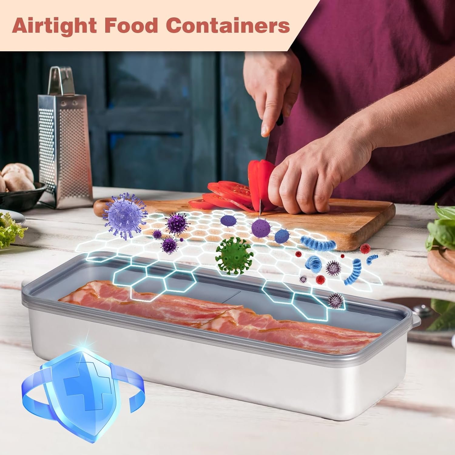 304 Stainless Steel Airtight Deli Meat Storage Bacon Keeper Long Storage Bacon Container for Fridge