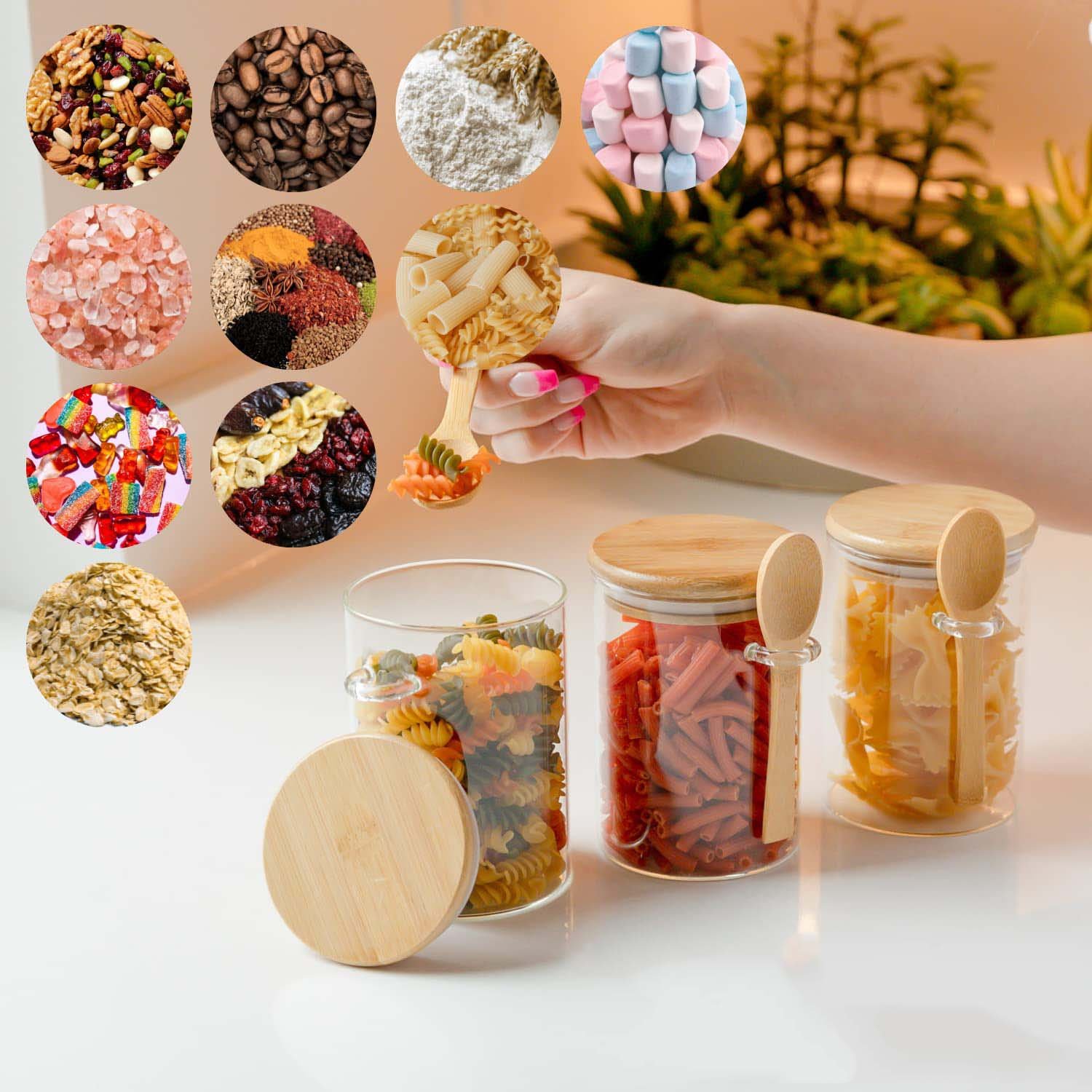 supplier Set of 3 Airtight Glass Jars with Bamboo Lids and Bamboo Spoons for kitchen