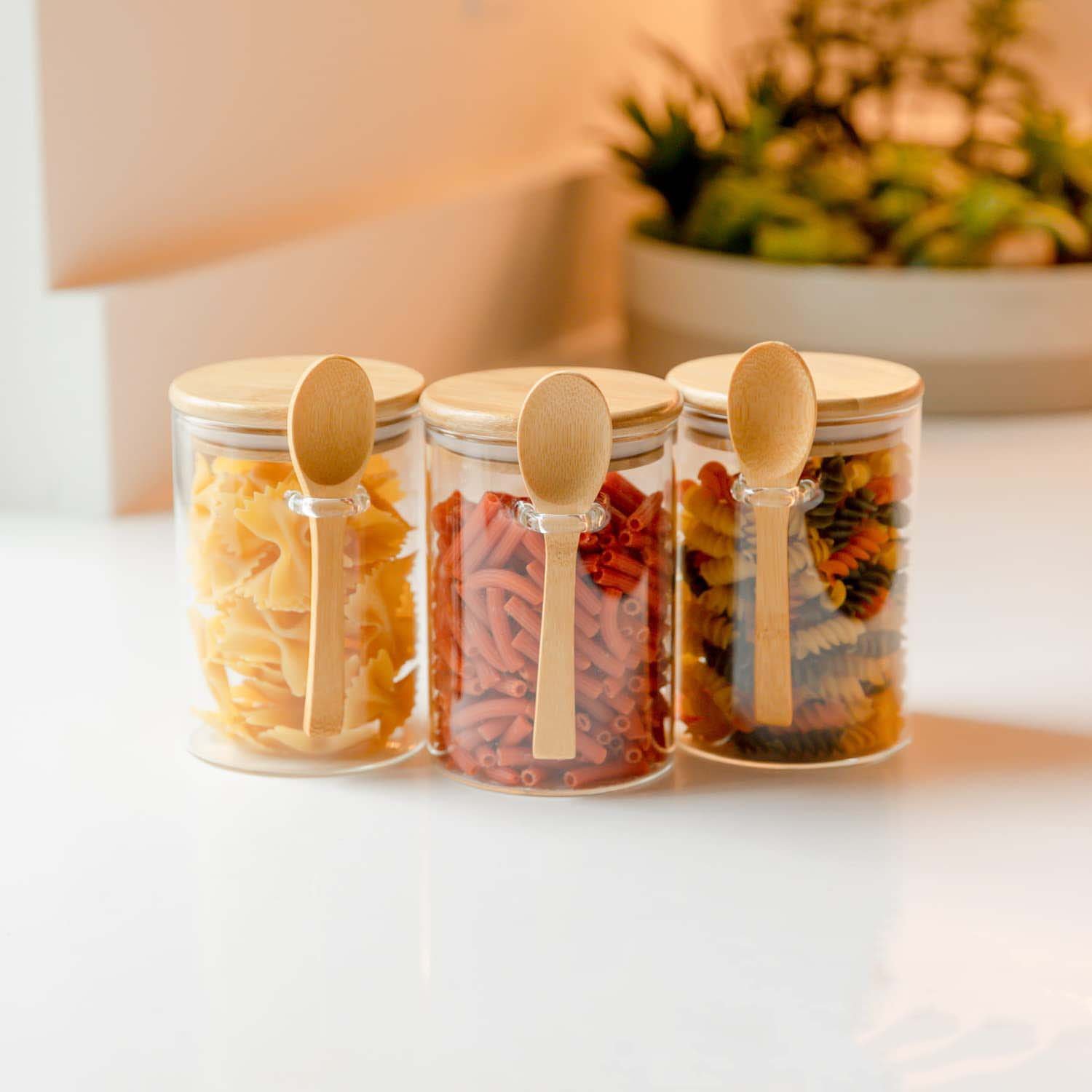 supplier Set of 3 Airtight Glass Jars with Bamboo Lids and Bamboo Spoons for kitchen