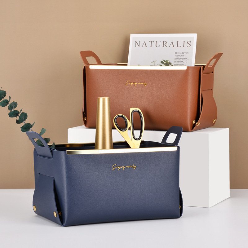 Storage Box Folding Office Case Collapsible Toy Luxury Gold PU Leather Foldable Bin Desk Home Organizer Storage Box With Handle