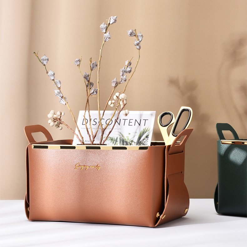 Storage Box Folding Office Case Collapsible Toy Luxury Gold PU Leather Foldable Bin Desk Home Organizer Storage Box With Handle