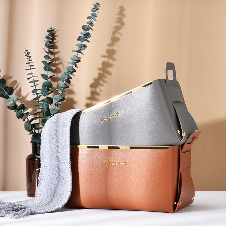Storage Box Folding Office Case Collapsible Toy Luxury Gold PU Leather Foldable Bin Desk Home Organizer Storage Box With Handle