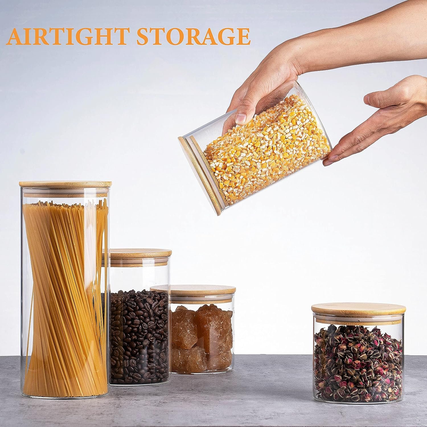 Set of 5 Glass Storage Jars Clear Glass Airtight Food Storage Containers Set with Bamboo Lid