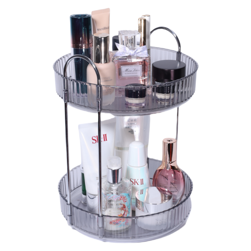2-Tier Dormitory Makeup Organizer Plastic 360 Degree Rotating Adjustable Cosmetic Storage Box for Dresser Home Use