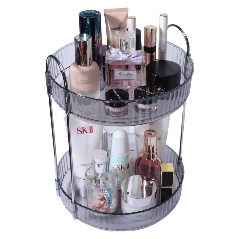 2-Tier Dormitory Makeup Organizer Plastic 360 Degree Rotating Adjustable Cosmetic Storage Box for Dresser Home Use