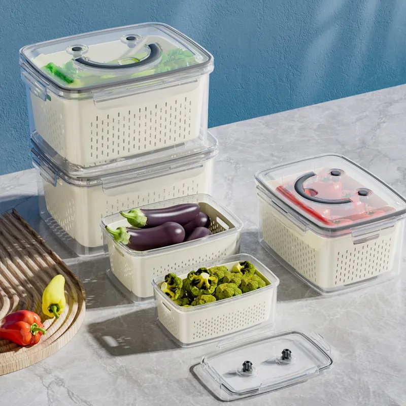 Vegetable Fruit Fresh Produce Fridge Refrigerator Fresh-keeping Storage Box Containers With Grid Strainer Drain Basket Crisper