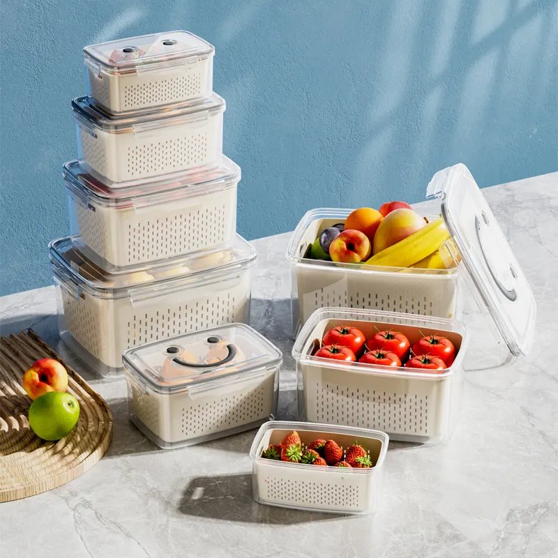 Vegetable Fruit Fresh Produce Fridge Refrigerator Fresh-keeping Storage Box Containers With Grid Strainer Drain Basket Crisper