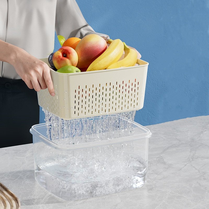 Vegetable Fruit Fresh Produce Fridge Refrigerator Fresh-keeping Storage Box Containers With Grid Strainer Drain Basket Crisper
