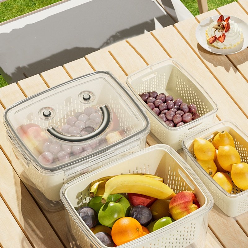 Vegetable Fruit Fresh Produce Fridge Refrigerator Fresh-keeping Storage Box Containers With Grid Strainer Drain Basket Crisper