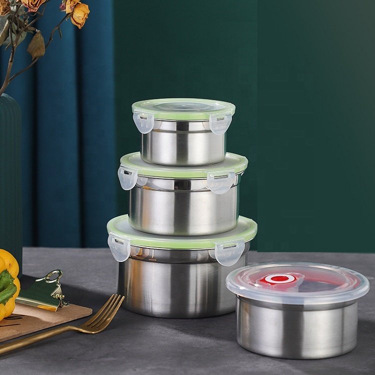 Kitchen Airtight Stainless Steel Anti-leak Round Shape Lunch Box Food Storage Box Fridge Food Containers