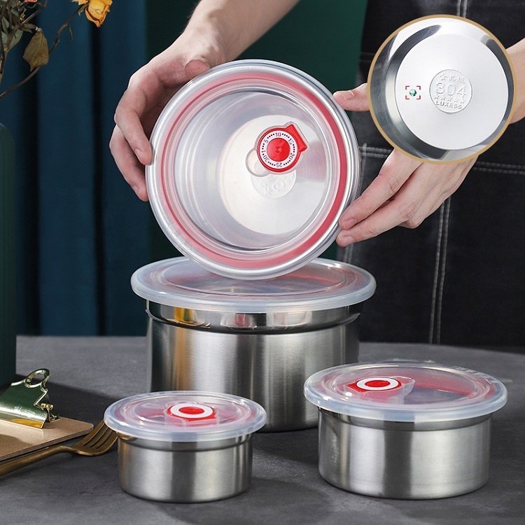 Kitchen Airtight Stainless Steel Anti-leak Round Shape Lunch Box Food Storage Box Fridge Food Containers