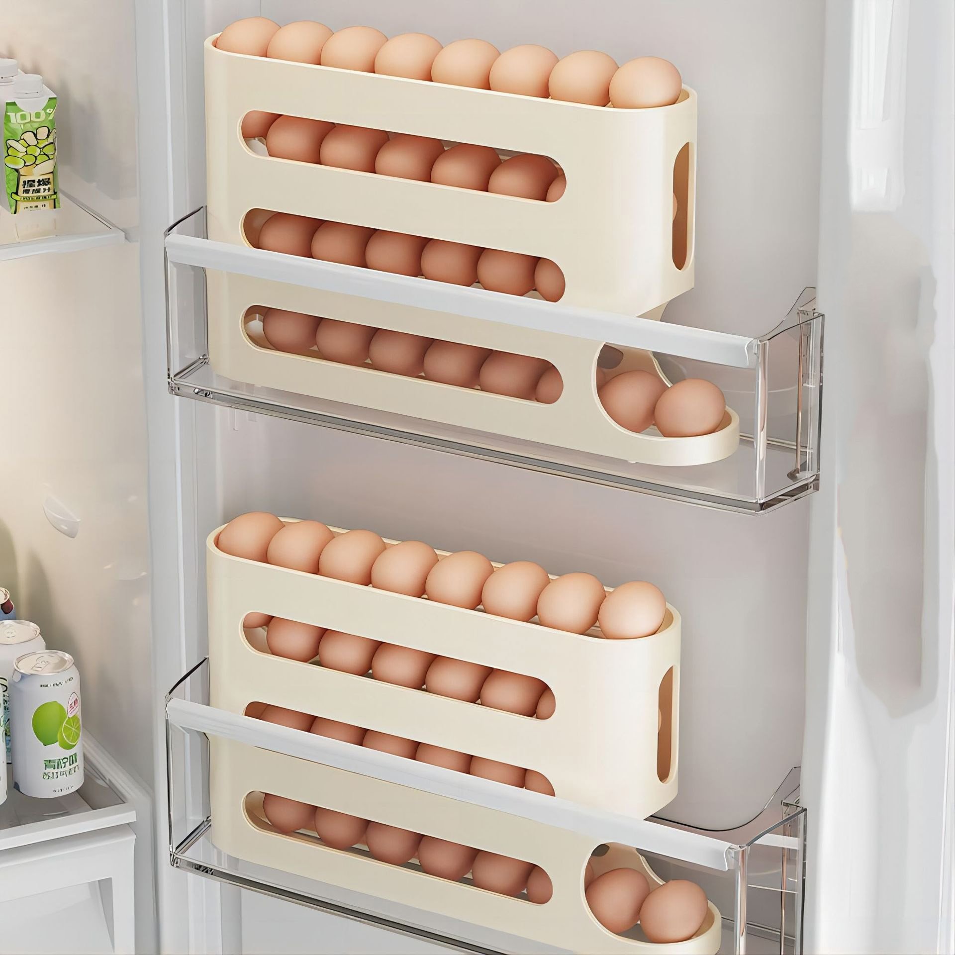 4 Layer Egg Storage Box Automatic Scrolling Egg Rack Side Door Large Capacity Automatic Egg Rolling Dispenser