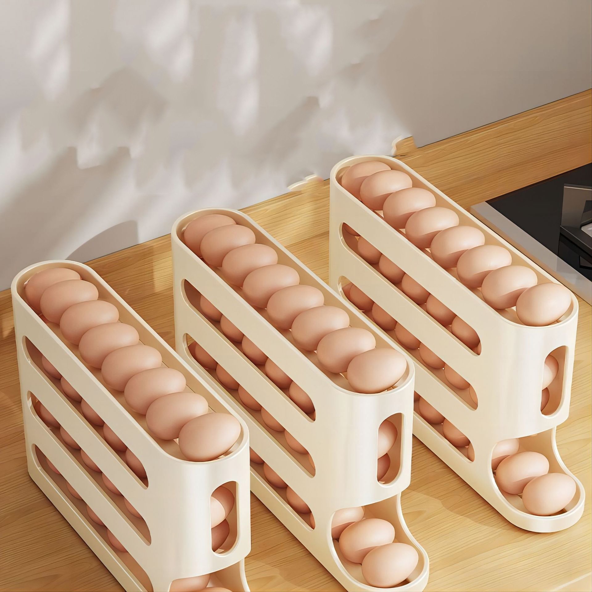 4 Layer Egg Storage Box Automatic Scrolling Egg Rack Side Door Large Capacity Automatic Egg Rolling Dispenser