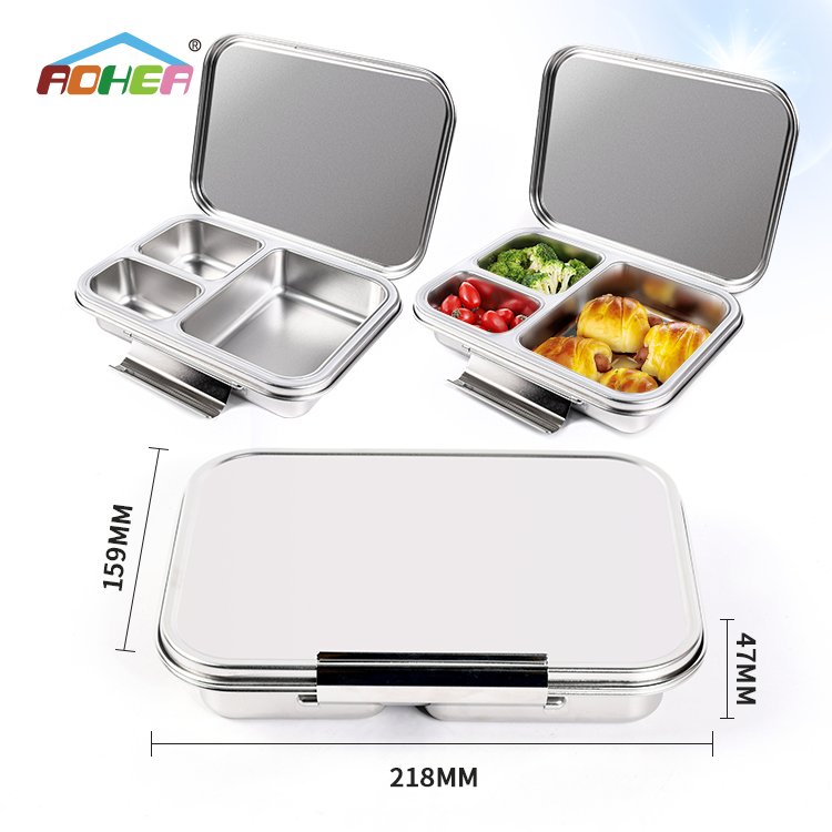 Aohea 3 Compartment 304 Stainless Steel Lunch Box Food Container Thermos Bento Lunch Box For Adult
