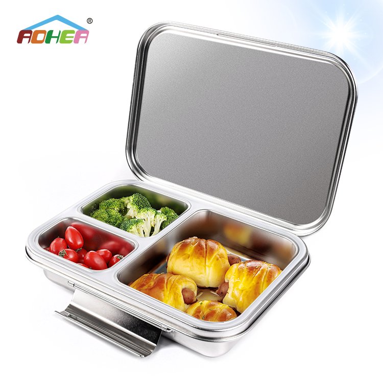 Aohea 3 Compartment 304 Stainless Steel Lunch Box Food Container Thermos Bento Lunch Box For Adult