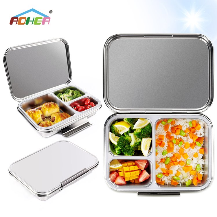 Aohea 3 Compartment 304 Stainless Steel Lunch Box Food Container Thermos Bento Lunch Box For Adult