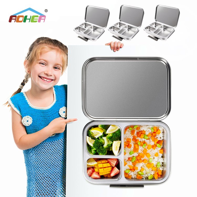 Aohea 3 Compartment 304 Stainless Steel Lunch Box Food Container Thermos Bento Lunch Box For Adult