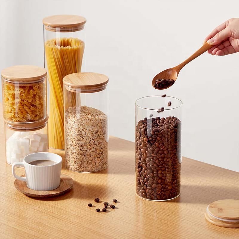 Wholesale Kitchen Food Storage Jar Heat Resistant Clear Airtight Canisters High Borosilicate Glass Storage Jars with Bamboo Lid