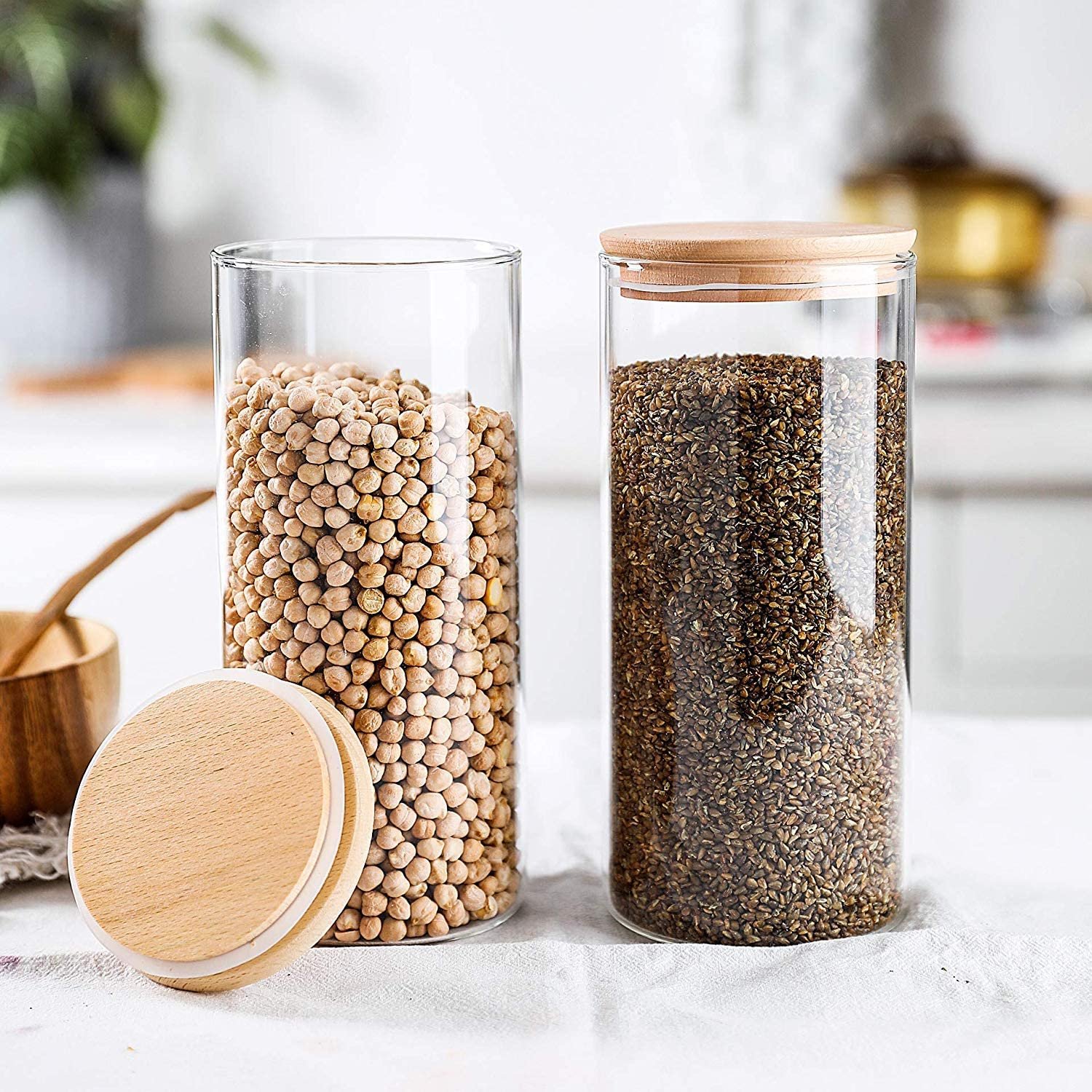 Glass Food Storage Jars Containers with Airtight Bamboo Lids Set of 3 Kitchen Glass Canisters For Coffee