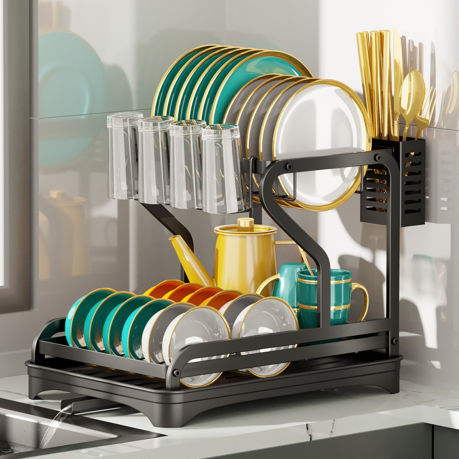 Multifunctional Metal Kitchen Drain Bowl Dish Rack Household Tableware Cup Storage Cabinet Countertop Countertop Rack