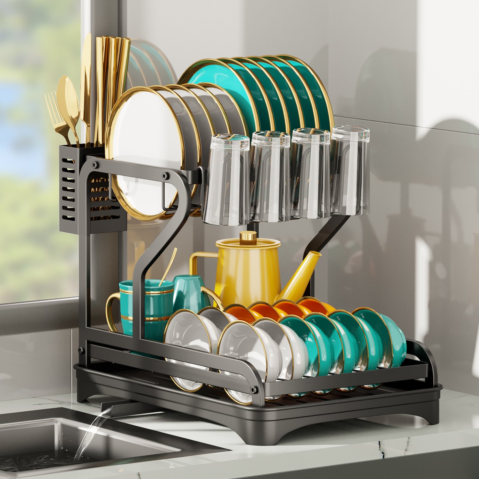 Multifunctional Metal Kitchen Drain Bowl Dish Rack Household Tableware Cup Storage Cabinet Countertop Countertop Rack