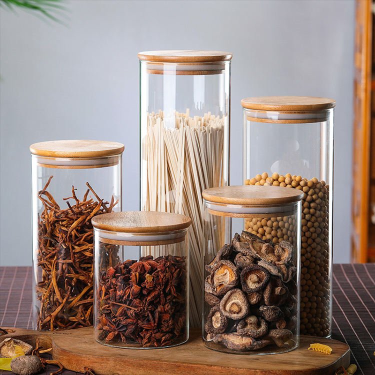 Recipientes De Vidrio Tapa De Bambu Food Storage Containers Storage Glass Jars Wooden Cover Glass Storage Containers With Lids