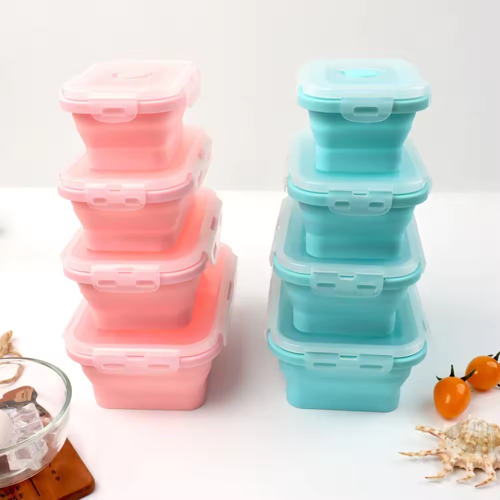 Hot Sale Factory Wholesale Bpa Free Silicone Tableware Kids Collapsible Bento Lunch Box Food Storage Container Set with Lid