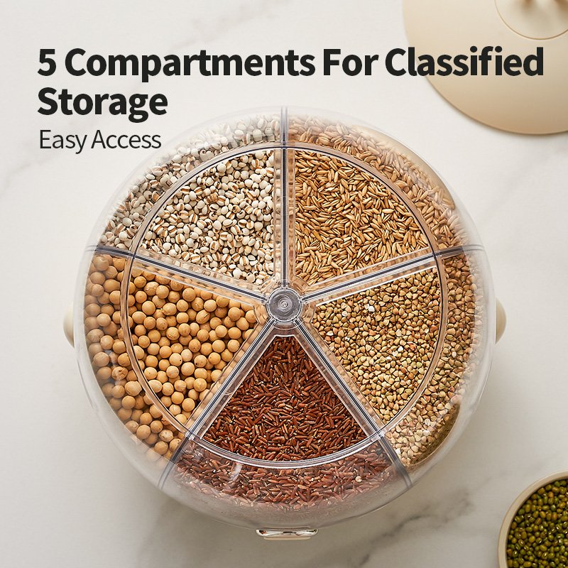 Rice Dispenser Kitchen Moisture-Proof 5-Grid Rotating Food Grain Dispenser Cereal Storage Box Rice Container Dispenser