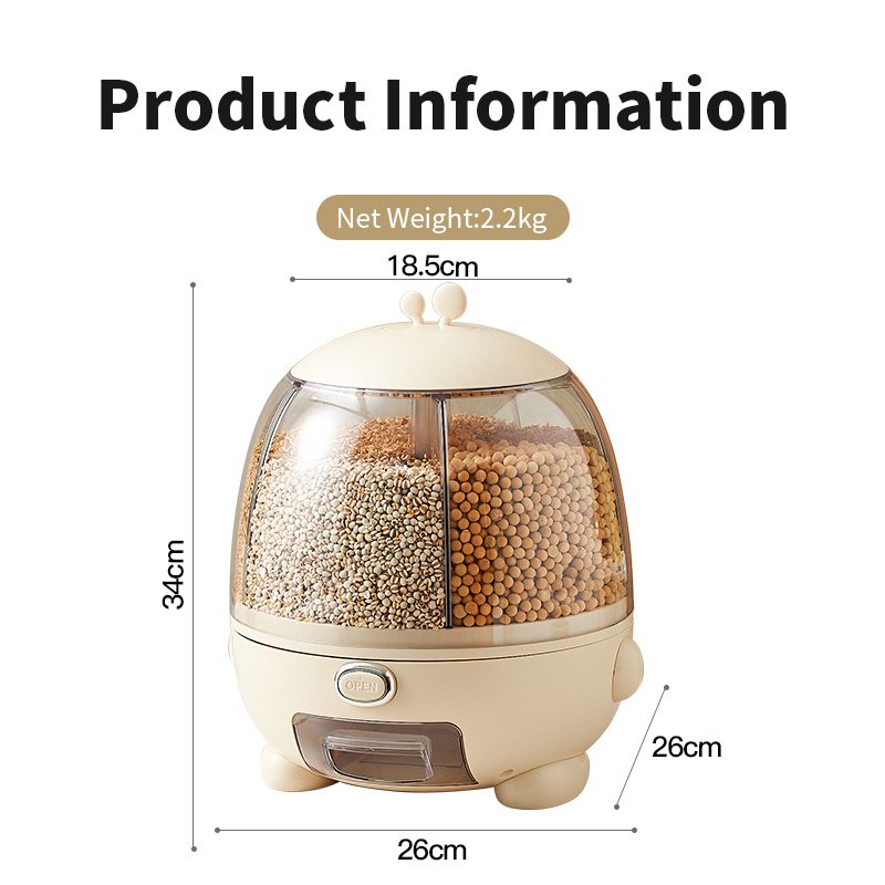 Rice Dispenser Kitchen Moisture-Proof 5-Grid Rotating Food Grain Dispenser Cereal Storage Box Rice Container Dispenser
