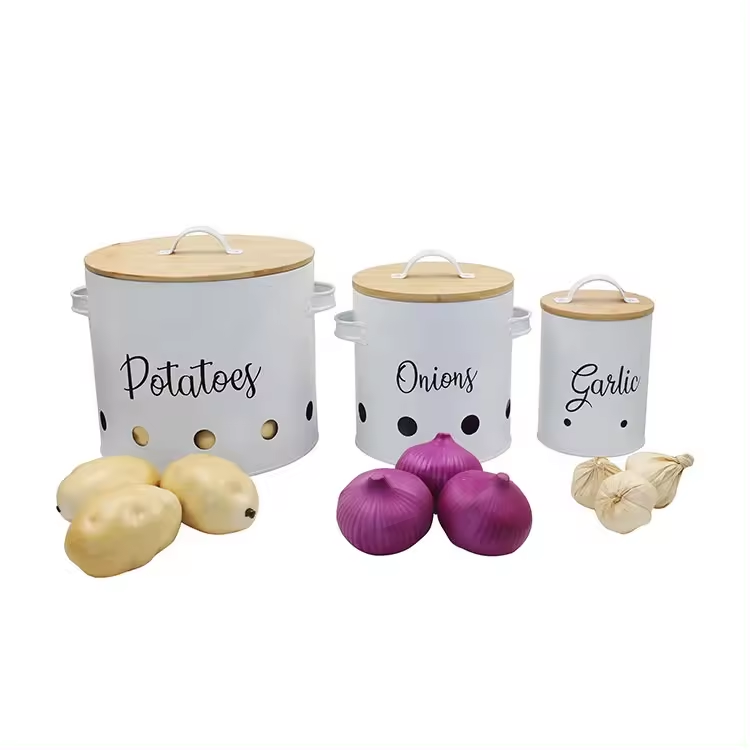 Galvanized Metal Kitchen Food Storage Containers for Potato Onion Garlic Vegetable Bamboo Lid Storage Bin