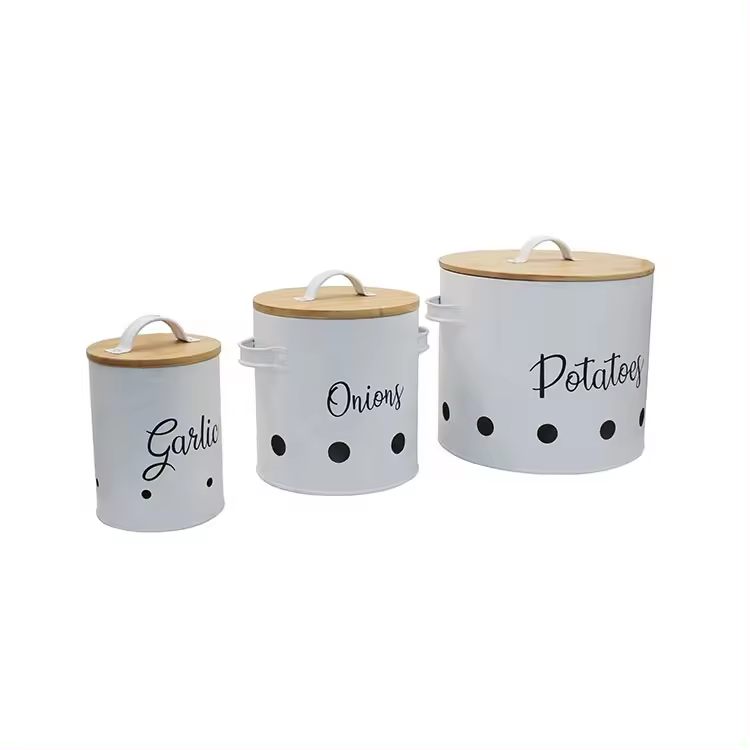 Galvanized Metal Kitchen Food Storage Containers for Potato Onion Garlic Vegetable Bamboo Lid Storage Bin