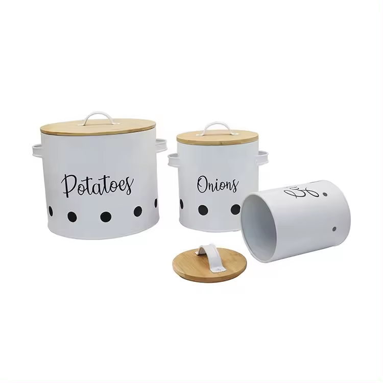 Galvanized Metal Kitchen Food Storage Containers for Potato Onion Garlic Vegetable Bamboo Lid Storage Bin