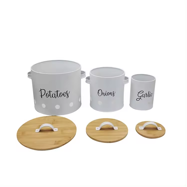 Galvanized Metal Kitchen Food Storage Containers for Potato Onion Garlic Vegetable Bamboo Lid Storage Bin