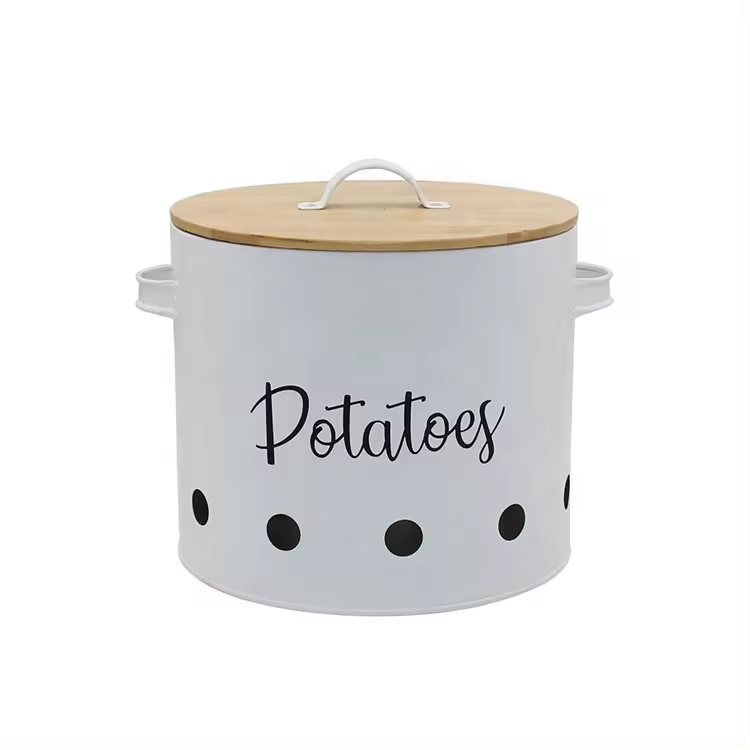 Galvanized Metal Kitchen Food Storage Containers for Potato Onion Garlic Vegetable Bamboo Lid Storage Bin