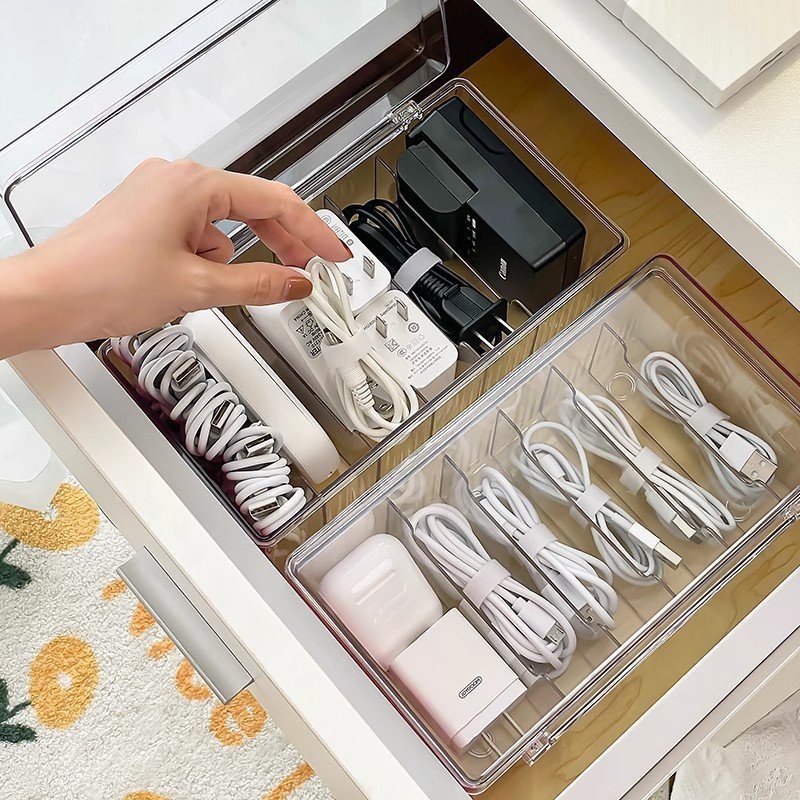Fast delivery six girds USB charging cable storage bin data cable storage box with cover mobile phone plug organizer