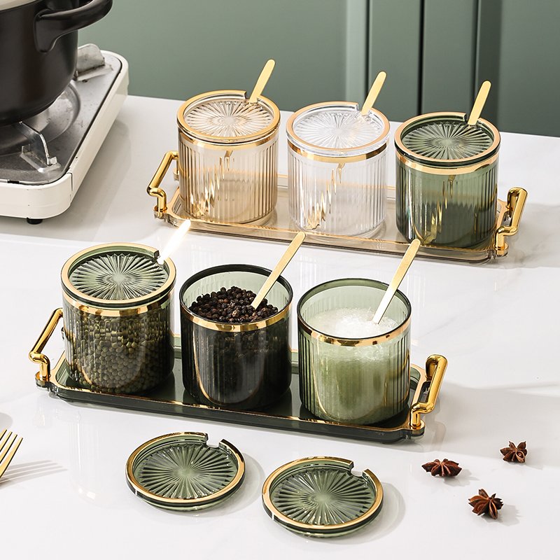 luxury plastic kitchen seasoning box home sauce spice container with tray