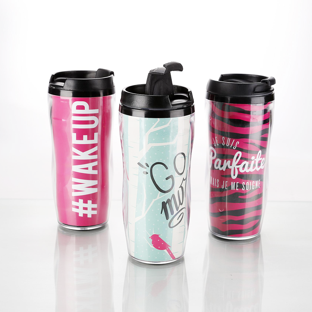 hot sales 350ml 250ml double wall plastic travel mug cup with lid