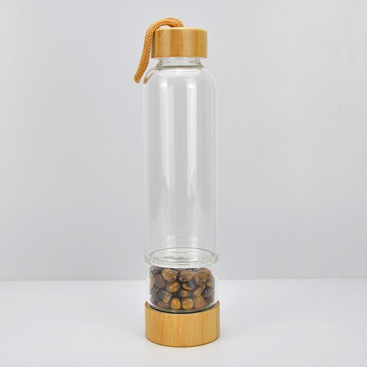 High Capacity Crystal Power Stone Drinking Cup Infused Gemstone Borosilicate Glass Water Bottle With Bamboo Lid