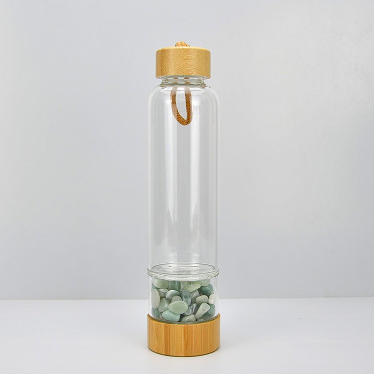 High Capacity Crystal Power Stone Drinking Cup Infused Gemstone Borosilicate Glass Water Bottle With Bamboo Lid
