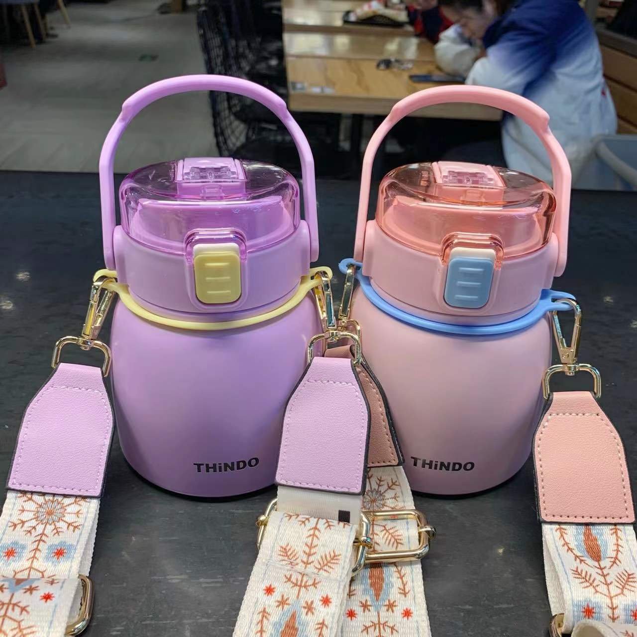 Large capacity big belly mug creative cup water bottle personality portable stainless steel kettle bottle with strap and straw